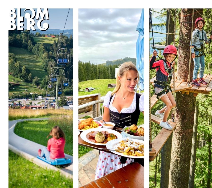 A child is racing down the summer toboggan run. A waitress in a traditional dirndl serves Bavarian specialties. Children in the climbing forest are having fun scrambling and climbing.